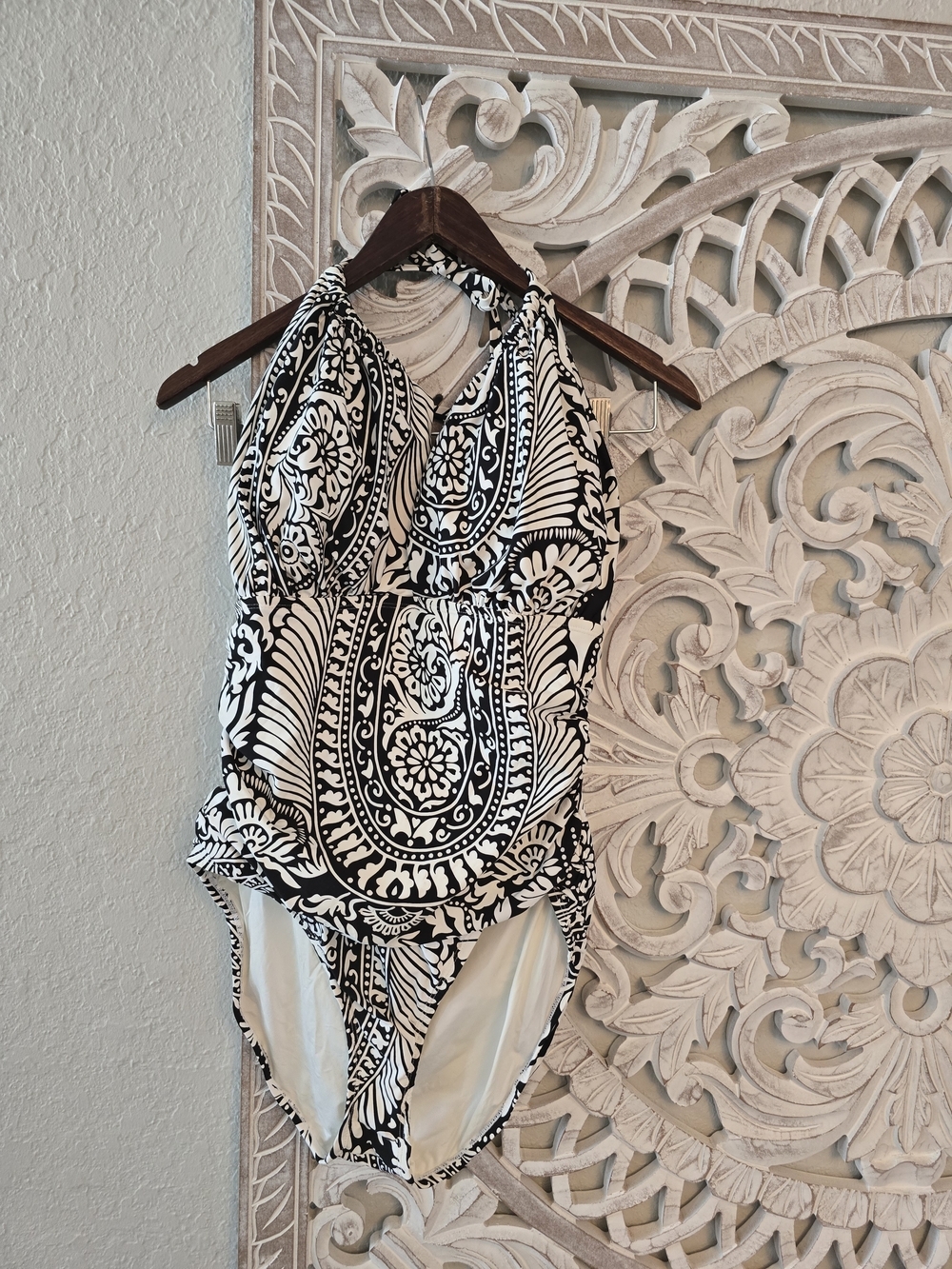 La Blanca Black and White Paisley Halter One-Piece Swimsuit